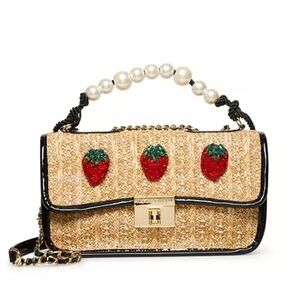 Betsey Johnson Strawberry Fields Top Handle Crossbody Bag Straw Pearls Natural